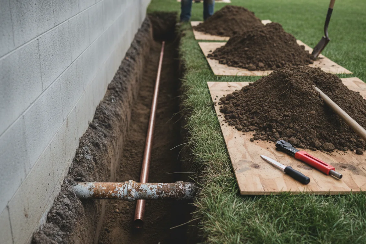 Excavated water line trench during Water Softener Installation in Shady Valley